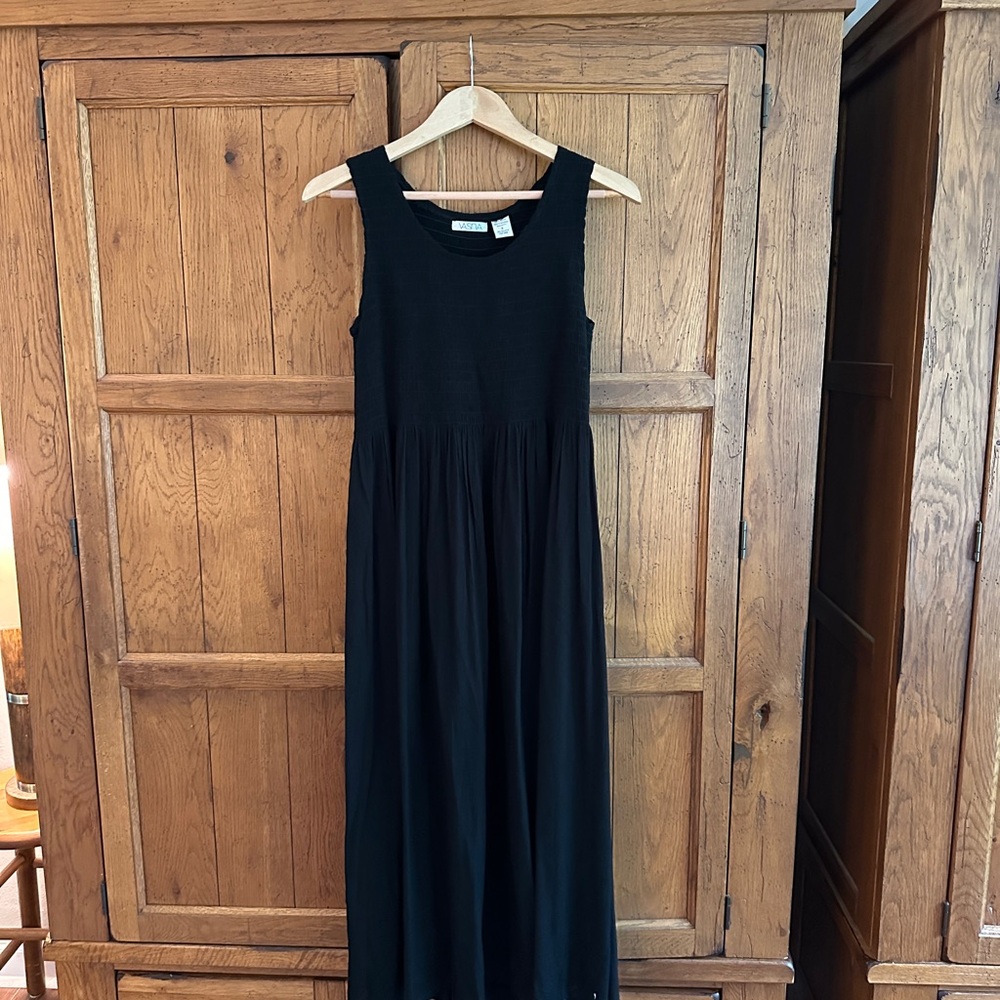Smocked Black Midi Dress